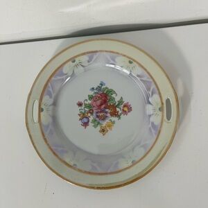 Vintage Bavarian Plate Handpainted Floral Handles Cut Out Porcelain 9" Gold Trim